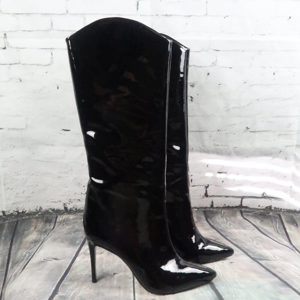 SCHUTZ BLACK PATENT LEATHER VERNIZES MARYANA BOOT 4" HEEL SIZE 9.5B